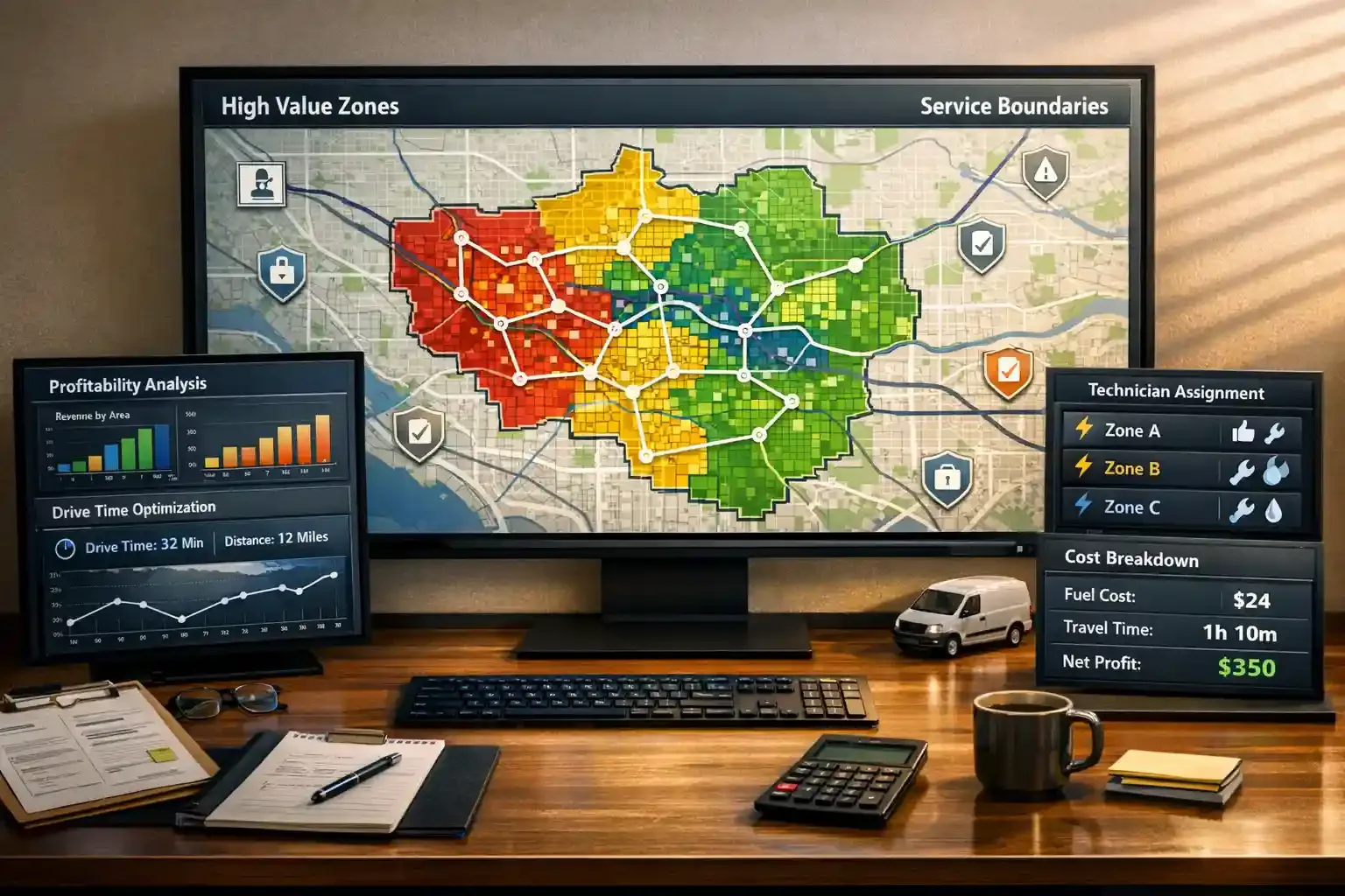 Modern desk with service area map, analytics dashboards, and route planning UI